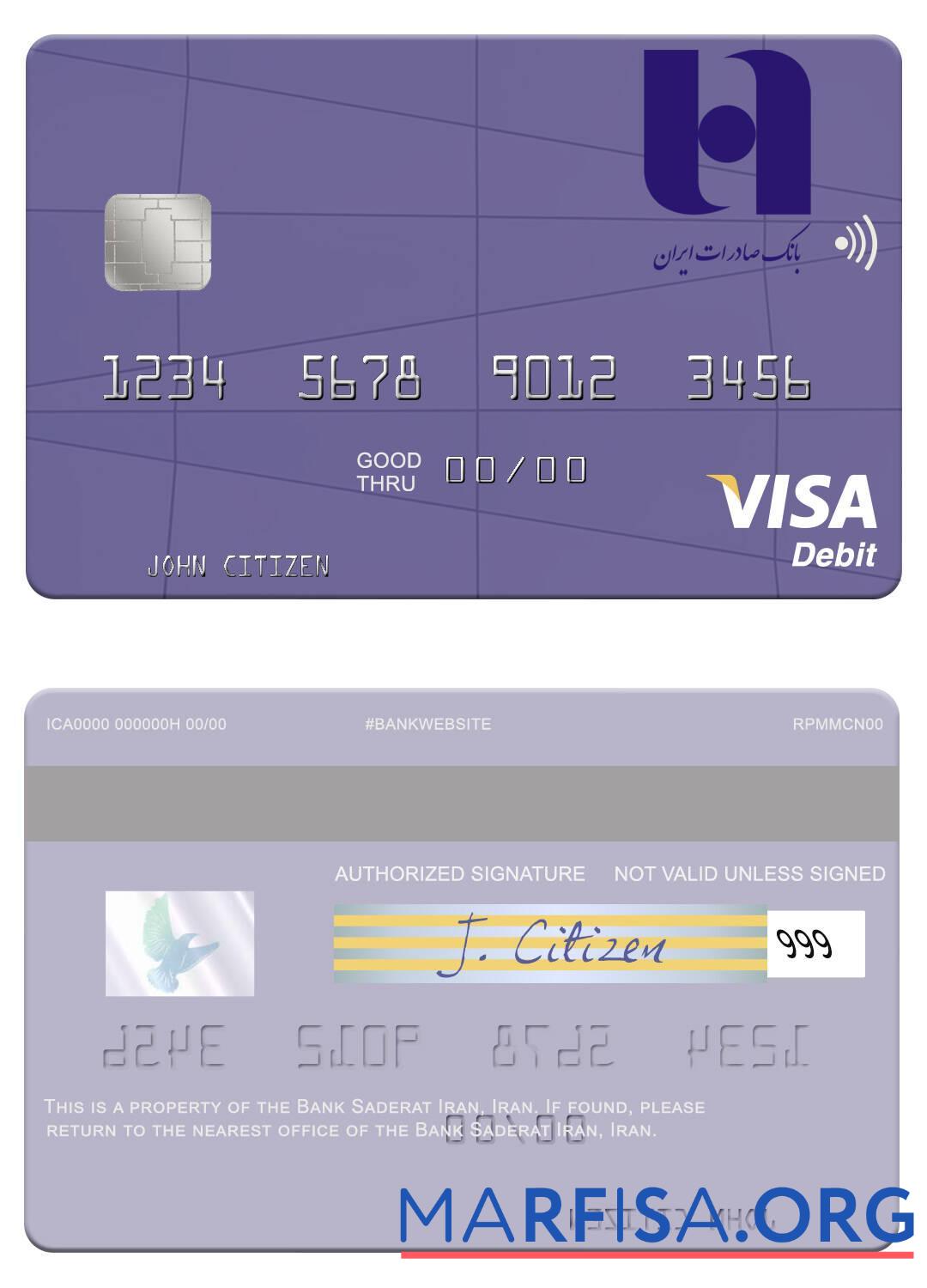 Realistic Iran Bank Saderat Iran visa debit card download for verification